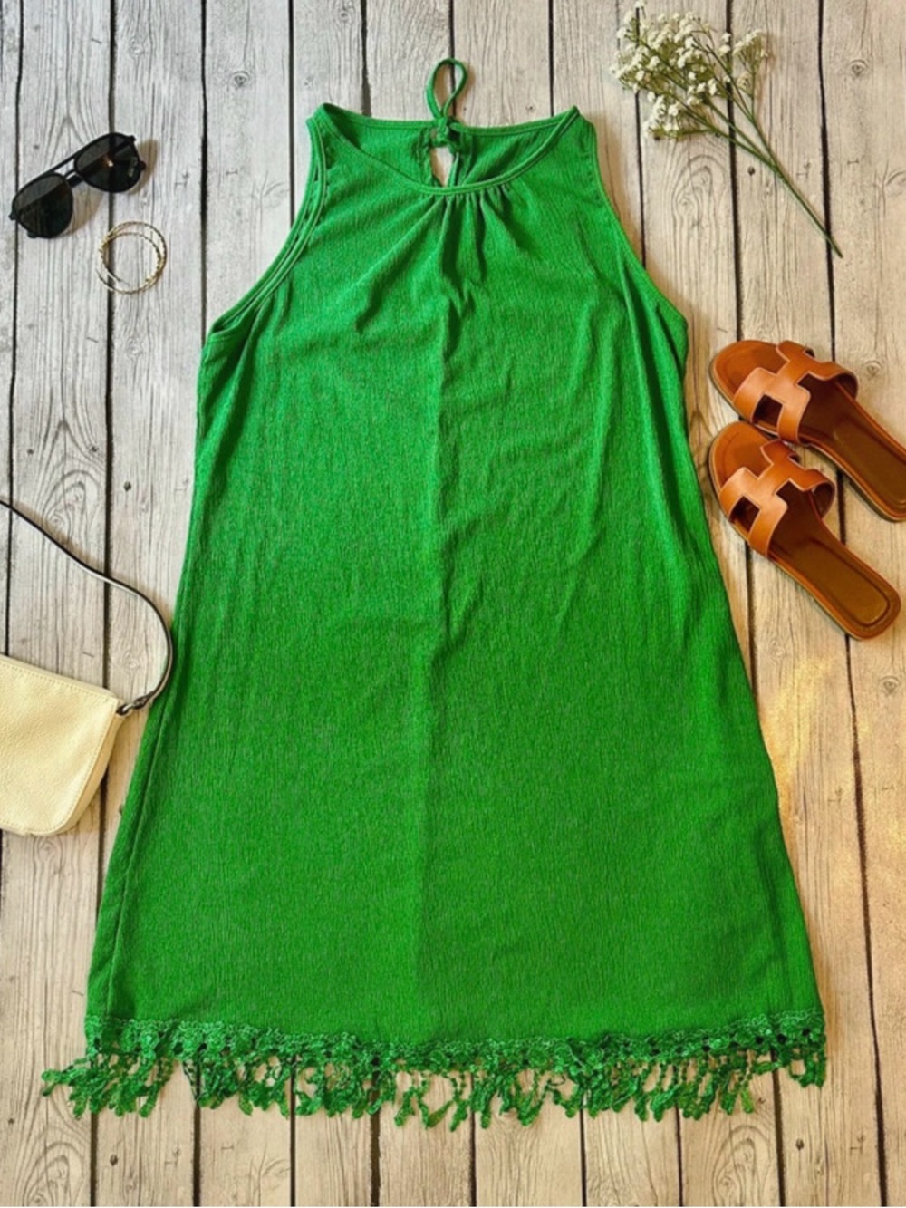 Source Unknown Green Sleeveless Midi Dress with Fringe Hem